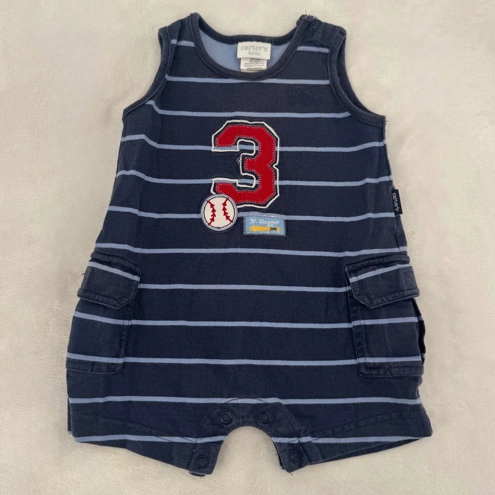 Carters Kids Baby Boy Cargo Baseball Romper Vintage 90s Size 3-6M 100% Cotton